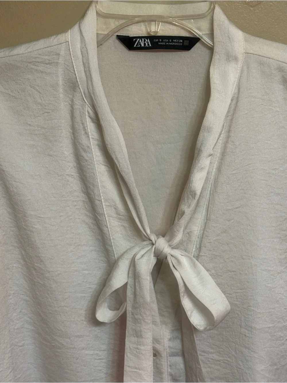 Zara Cream Tie-Neck Blouse with Pearl Buttons